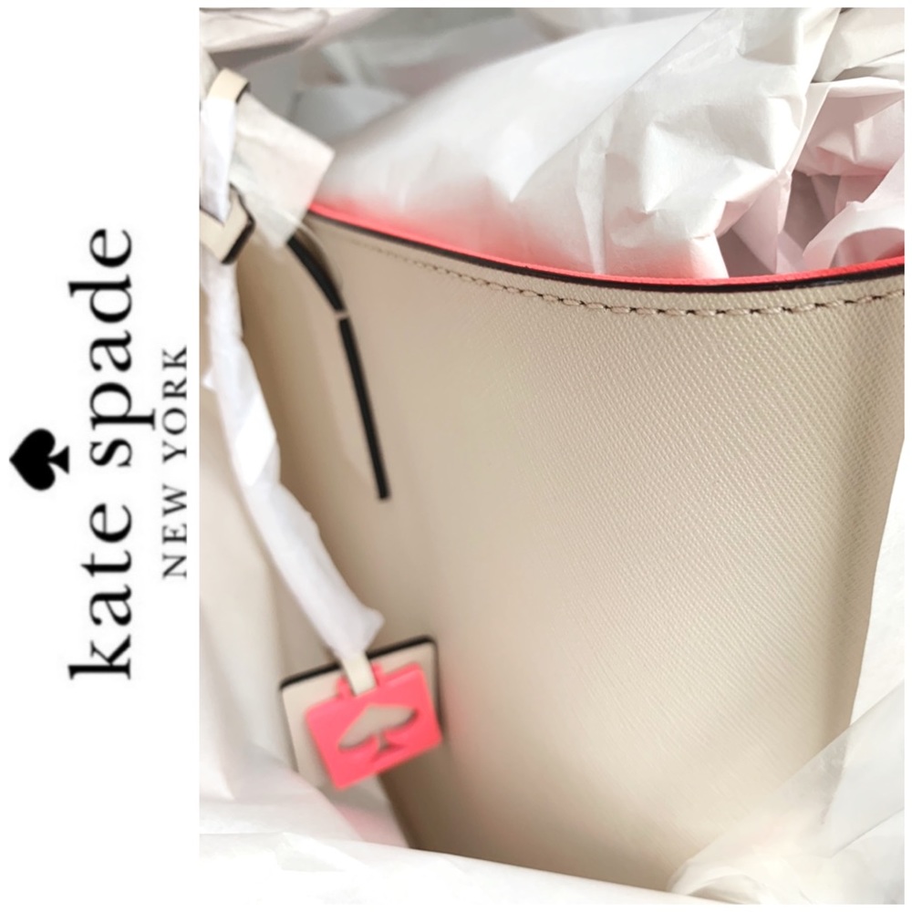 NWT Kate Spade leather top zip tote beige coral - Picture 6 of 7